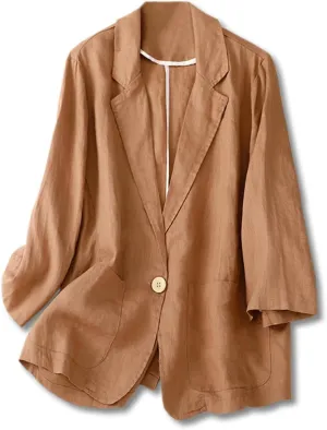 Cromoncent Women's Cotton Linen Blazer 3/4 Sleeve Button Down Casual Office Jacket