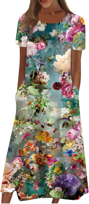 Dresses for Women 2024 Printed Pleated Long Dresses Short Sleeve Round Neck Beach Dress Pocket Lightweight Dresses