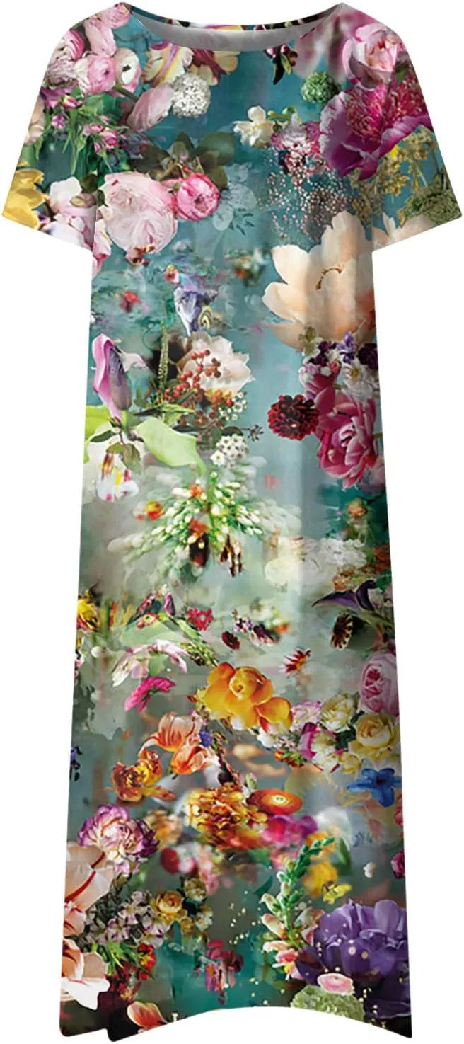 Dresses for Women 2024 Printed Pleated Long Dresses Short Sleeve Round Neck Beach Dress Pocket Lightweight Dresses