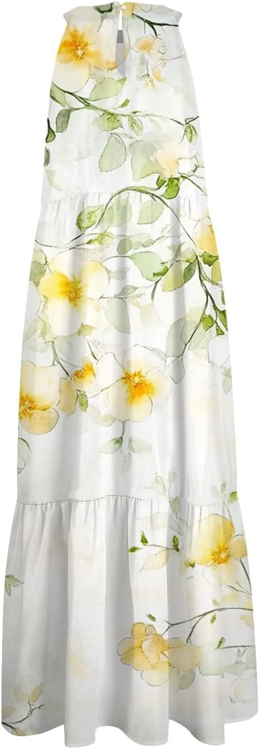 Dresses for Women 2025 Sleeveless Floral Print Tank Dresses Hanging Neck Splicing Midi Dresses Loose Sundresses