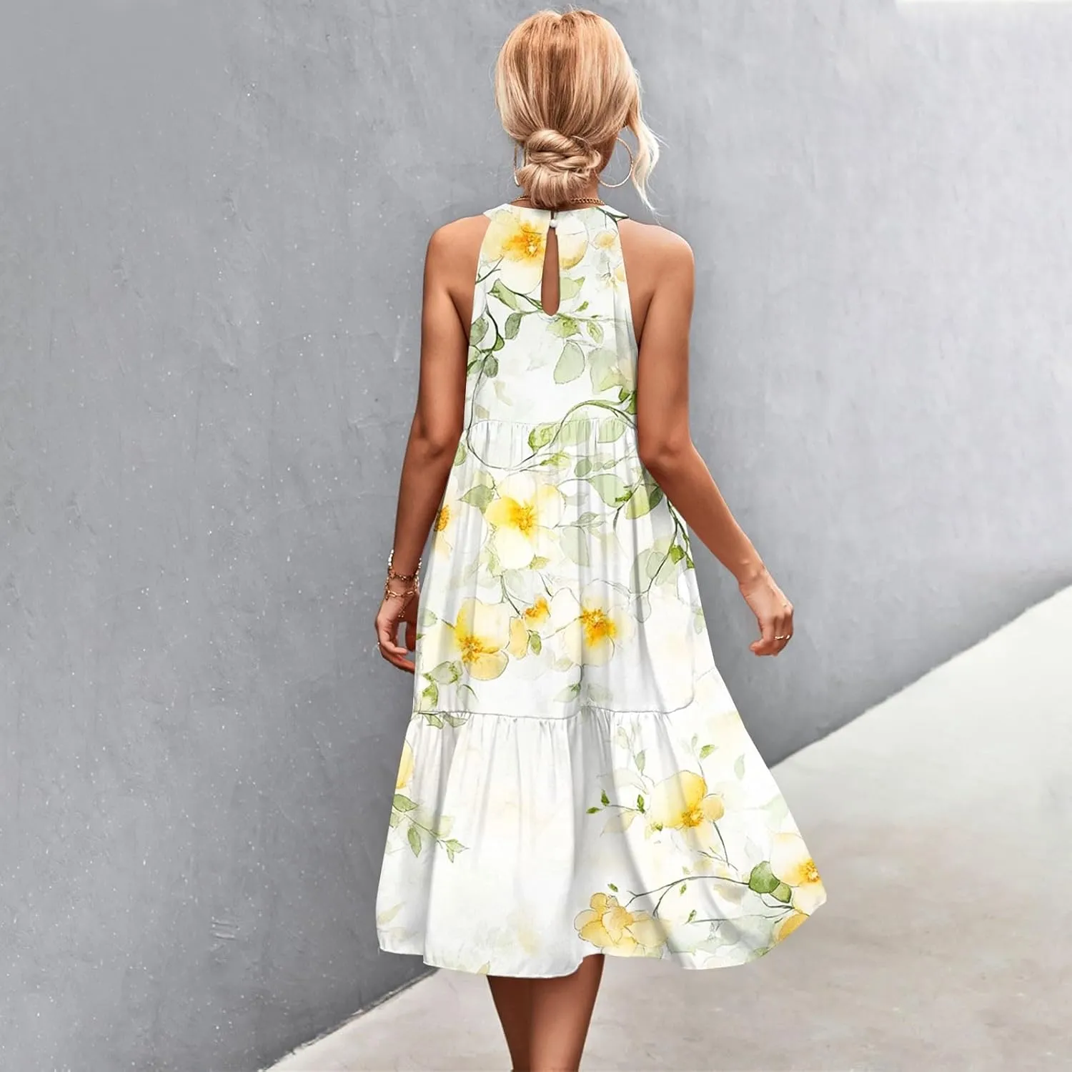 Dresses for Women 2025 Sleeveless Floral Print Tank Dresses Hanging Neck Splicing Midi Dresses Loose Sundresses