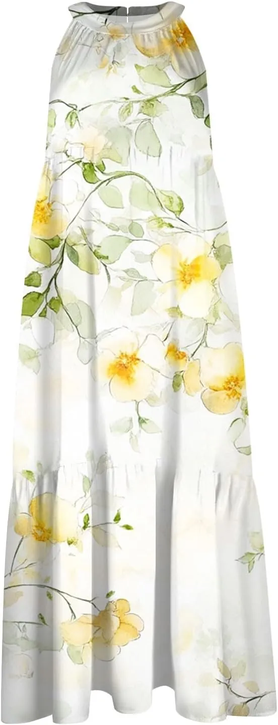 Dresses for Women 2025 Sleeveless Floral Print Tank Dresses Hanging Neck Splicing Midi Dresses Loose Sundresses