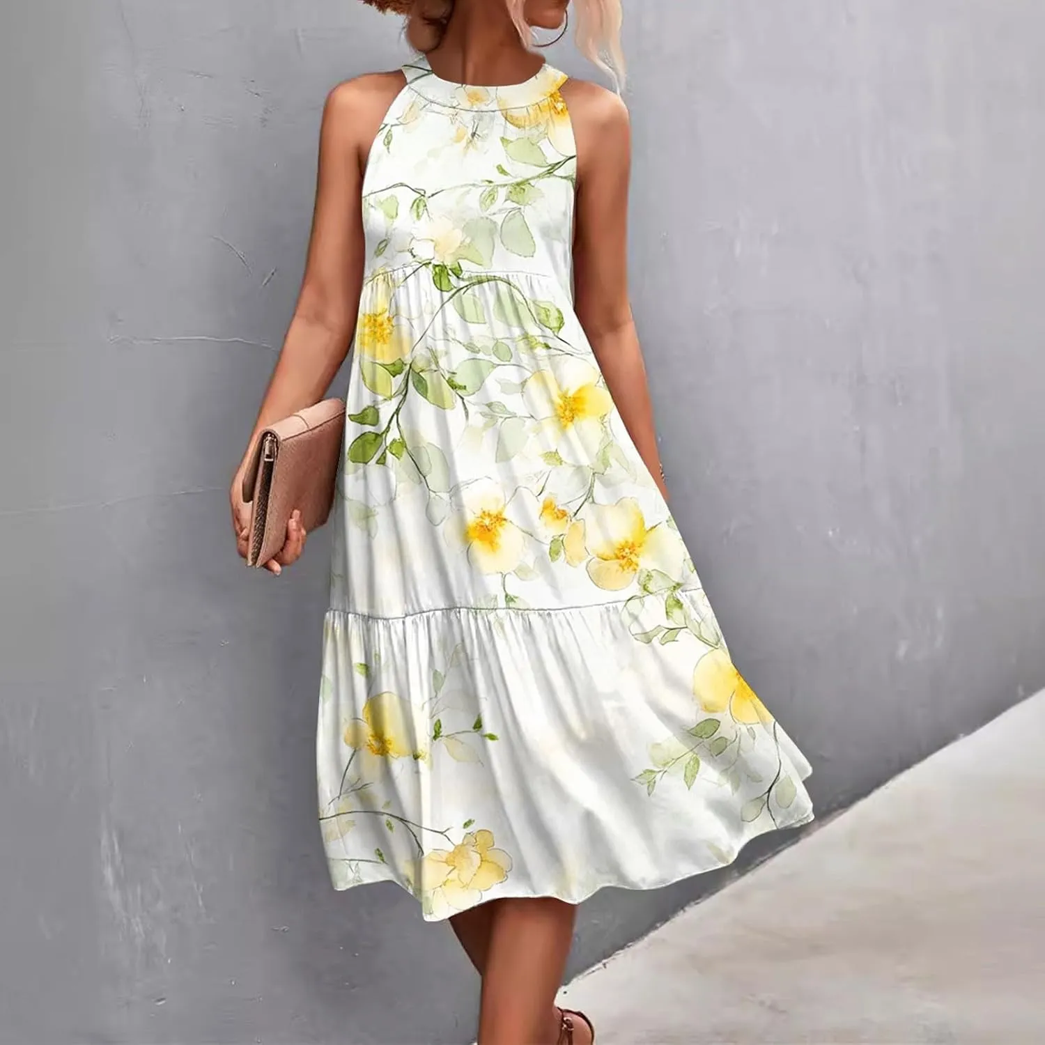 Dresses for Women 2025 Sleeveless Floral Print Tank Dresses Hanging Neck Splicing Midi Dresses Loose Sundresses
