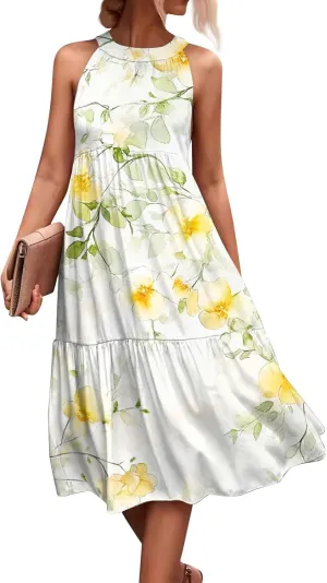 Dresses for Women 2025 Sleeveless Floral Print Tank Dresses Hanging Neck Splicing Midi Dresses Loose Sundresses