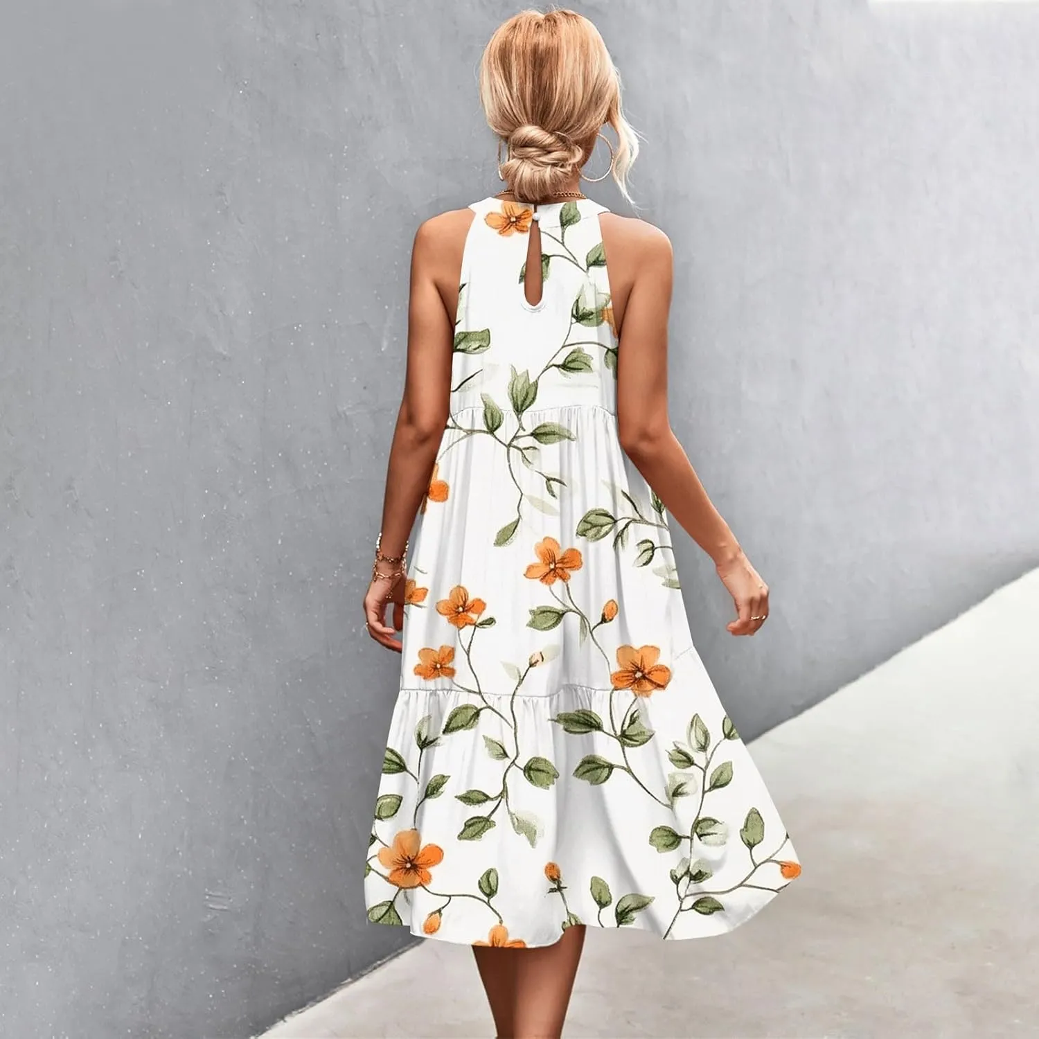 Dresses for Women 2025 Splicing Floral Print Midi Dresses Sleeveless Hanging Neck Sundresses Swing Tank Dresses