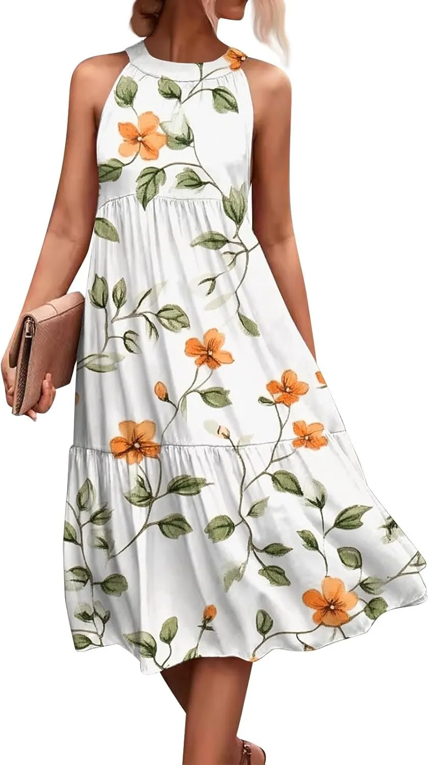 Dresses for Women 2025 Splicing Floral Print Midi Dresses Sleeveless Hanging Neck Sundresses Swing Tank Dresses