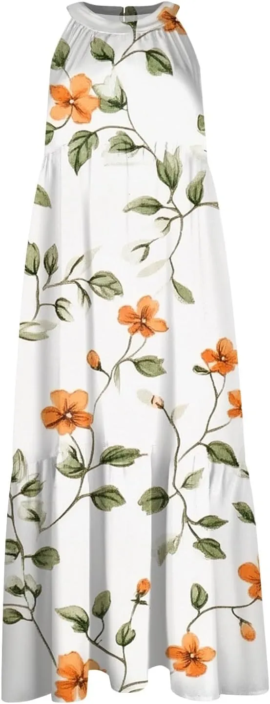 Dresses for Women 2025 Splicing Floral Print Midi Dresses Sleeveless Hanging Neck Sundresses Swing Tank Dresses