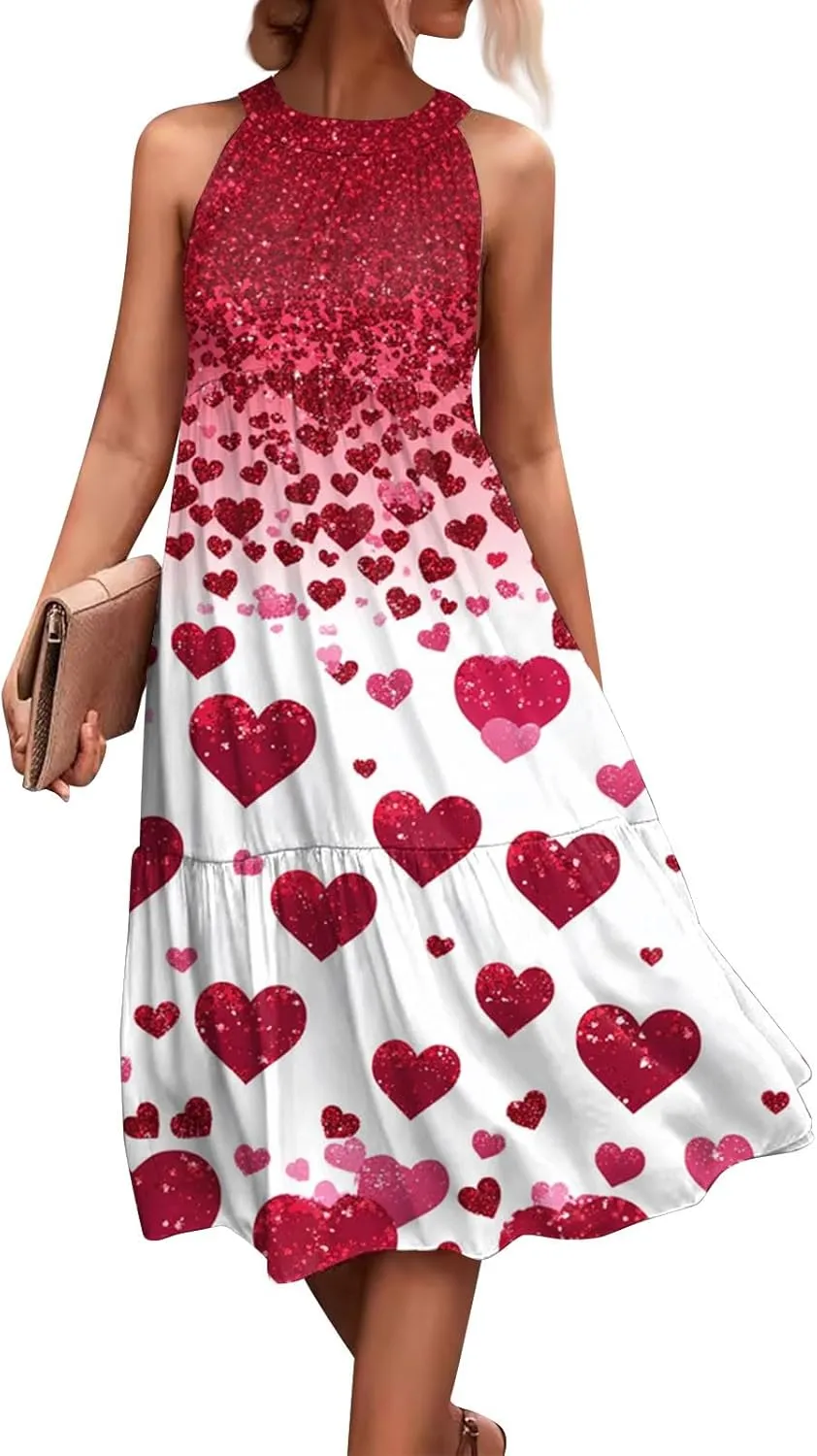 Dresses for Women 2025 Splicing Floral Print Midi Dresses Sleeveless Hanging Neck Sundresses Swing Tank Dresses
