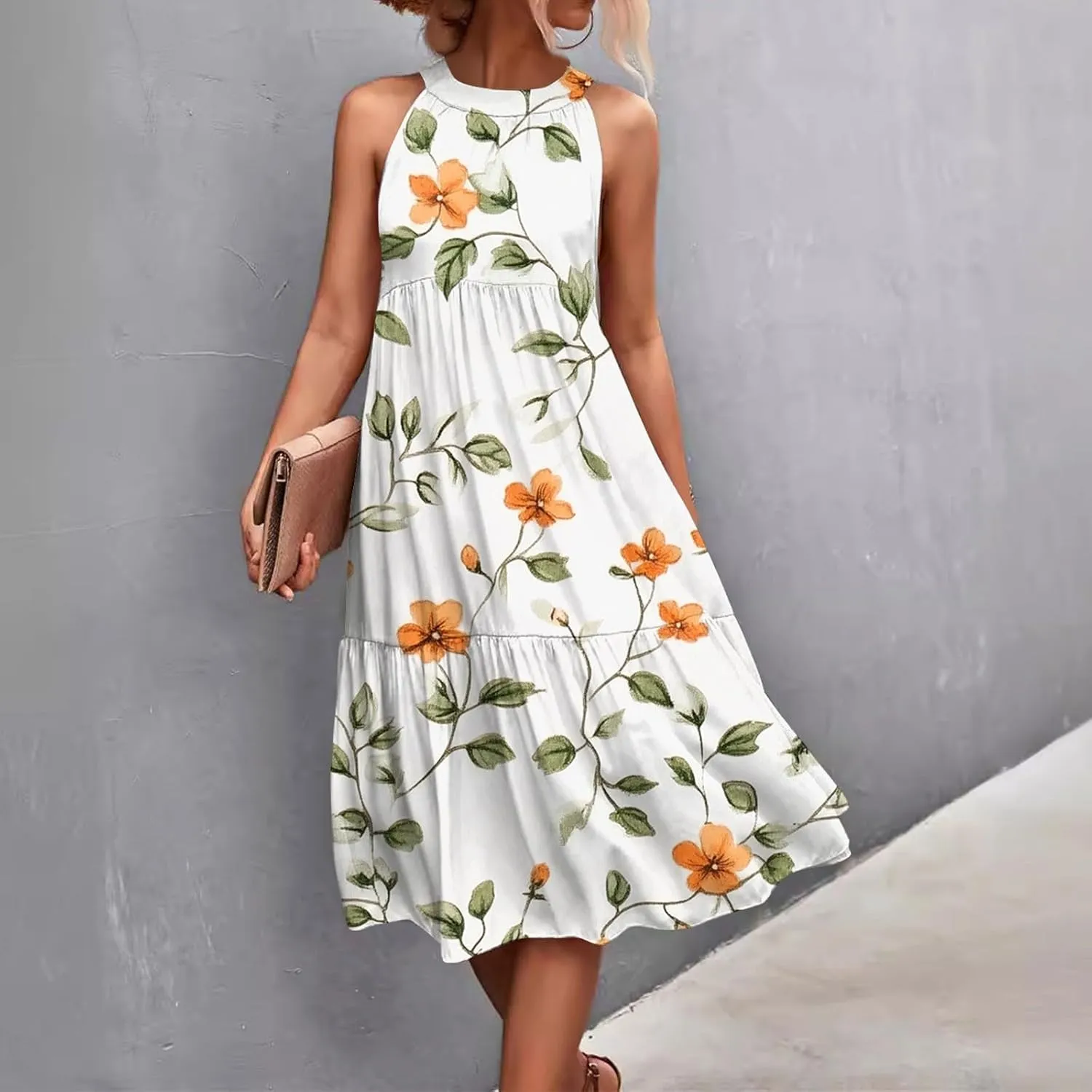 Dresses for Women 2025 Splicing Floral Print Midi Dresses Sleeveless Hanging Neck Sundresses Swing Tank Dresses