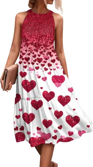 Dresses for Women 2025 Splicing Floral Print Midi Dresses Sleeveless Hanging Neck Sundresses Swing Tank Dresses