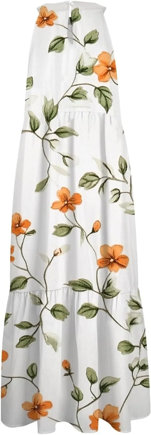 Dresses for Women 2025 Splicing Floral Print Midi Dresses Sleeveless Hanging Neck Sundresses Swing Tank Dresses