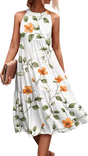 Dresses for Women 2025 Splicing Floral Print Midi Dresses Sleeveless Hanging Neck Sundresses Swing Tank Dresses