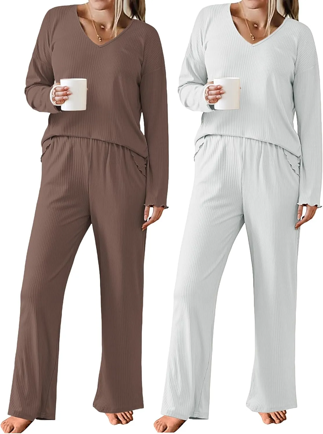Ekouaer 2 Pack：Womens Ribbed Knit Pajama Set with Pockets Long Sleeve PJs V Neck Soft Loungewear Loose Matching Outfits Set