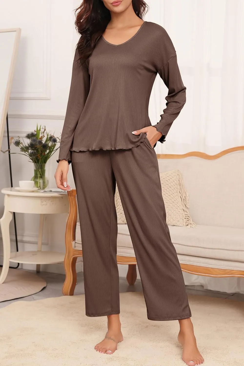 Ekouaer 2 Pack：Womens Ribbed Knit Pajama Set with Pockets Long Sleeve PJs V Neck Soft Loungewear Loose Matching Outfits Set