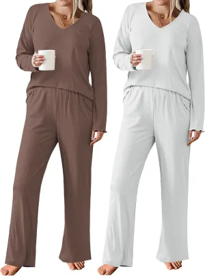 Ekouaer 2 Pack：Womens Ribbed Knit Pajama Set with Pockets Long Sleeve PJs V Neck Soft Loungewear Loose Matching Outfits Set