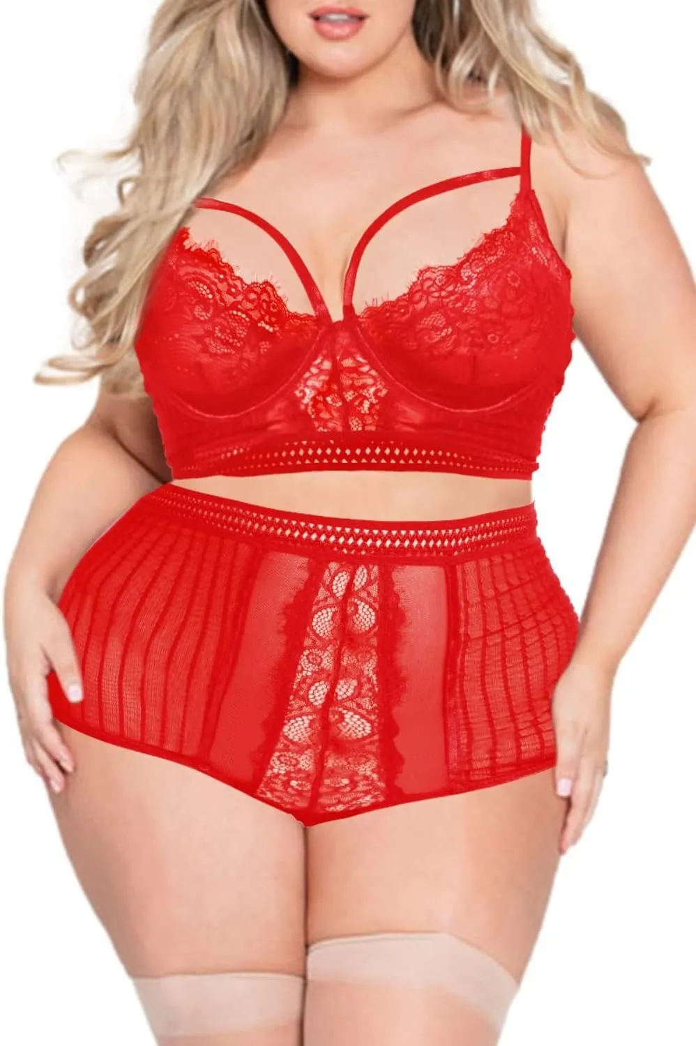 EVELUST Women's Plus Size Lingerie with Underwire, Sexy Lace Up Drawstring Strappy Eyelash Lace Cup & High Waist Panty Set
