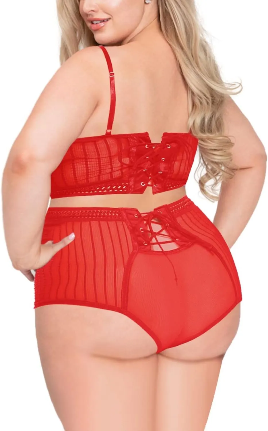 EVELUST Women's Plus Size Lingerie with Underwire, Sexy Lace Up Drawstring Strappy Eyelash Lace Cup & High Waist Panty Set