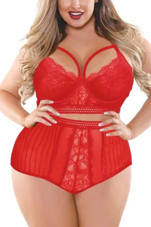 EVELUST Women's Plus Size Lingerie with Underwire, Sexy Lace Up Drawstring Strappy Eyelash Lace Cup & High Waist Panty Set