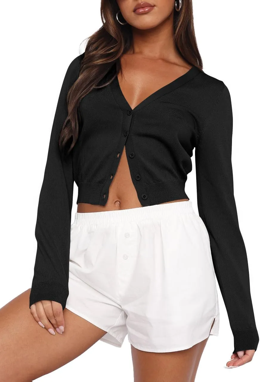 Ezbelle Women's Long Sleeve Open Front Cropped Lightweight Cardigan Sweater Button Down Shirt 2025 Fall Tops