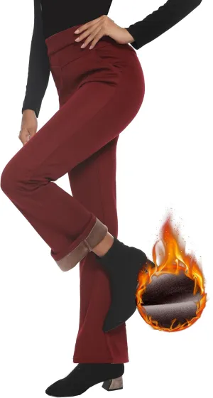 Fakanhui Women's Fleece Lined Bootcut Work Pants Winter Warm High Waisted Pull on Flare Business Dress Casual Pants