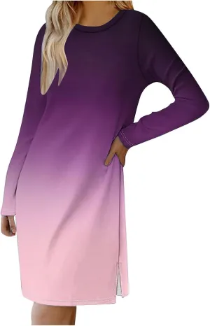 Fall Dresses for Women 2024 Casual Loose Floral Dress Long Sleeve Crew Neck Flowy Swing Mini Shift Dresses
