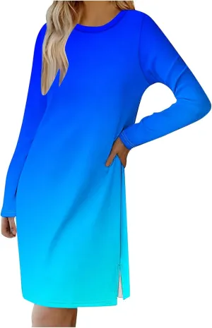 Fall Dresses for Women 2024 Casual Loose Floral Dress Long Sleeve Crew Neck Flowy Swing Mini Shift Dresses