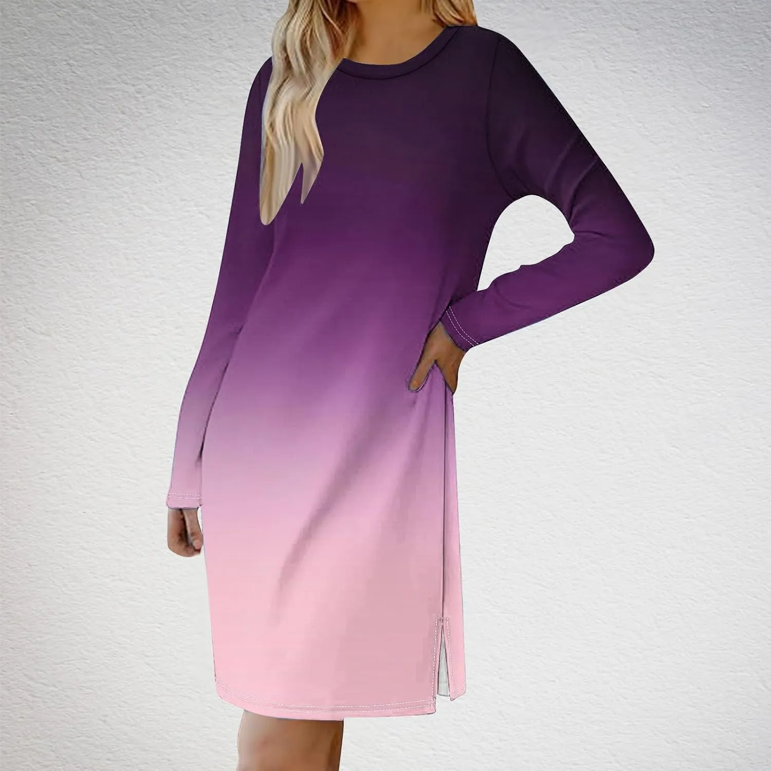 Fall Dresses for Women 2024 Casual Loose Floral Dress Long Sleeve Crew Neck Flowy Swing Mini Shift Dresses