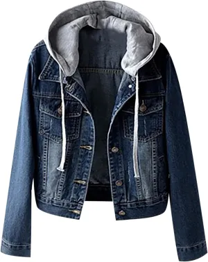 Fashion Jean Jacket Button Hooded Denim Jackets for Women Fall Winter Coats Velvet Hoodie Outwear Tops