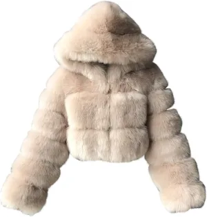 Faux Fur Coat Women with Hood Cropped Bubble Coats Furry Short Warm Jackets Plus Size Winter Coats for Women
