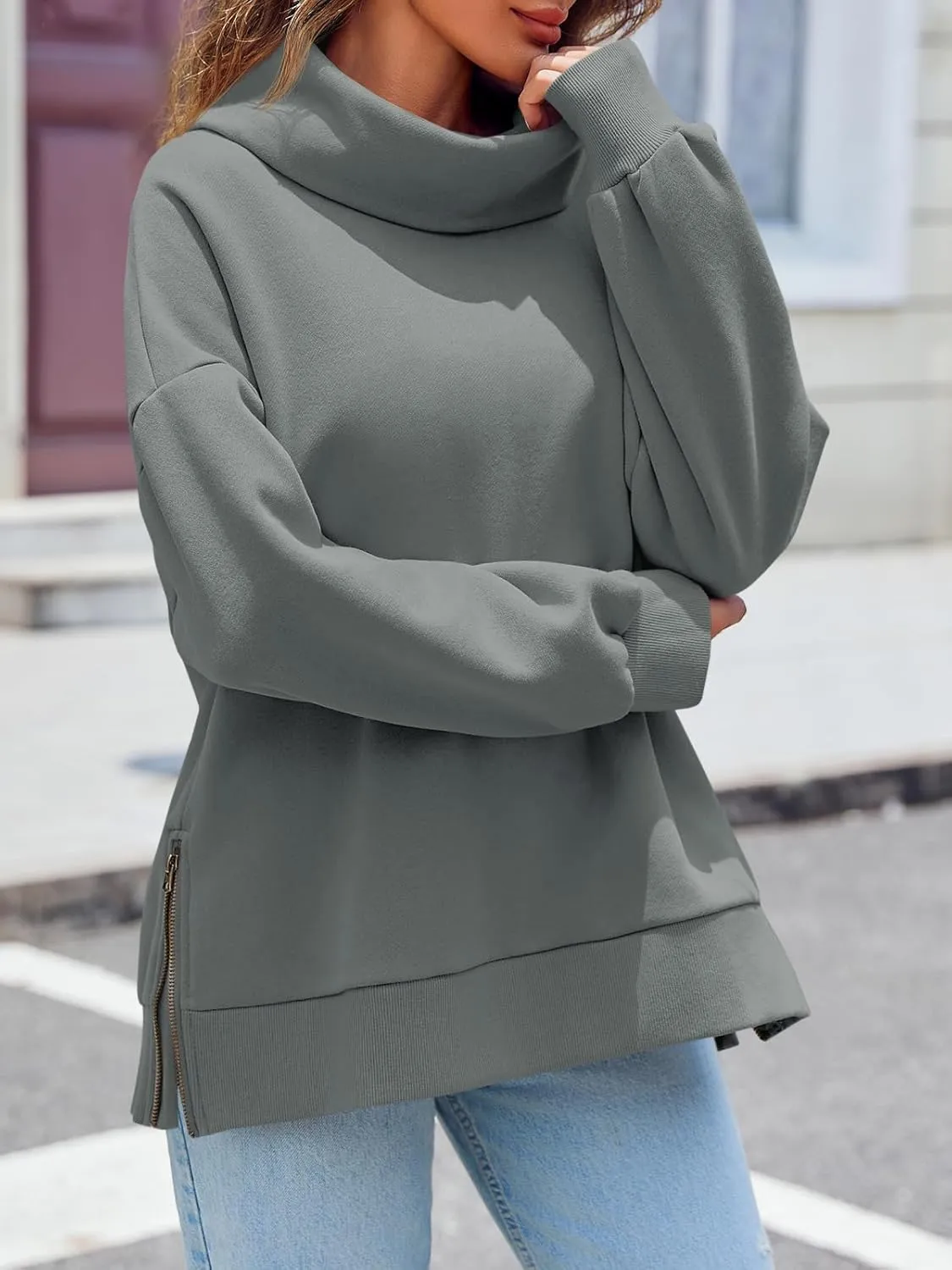Fisoew Womens Turtleneck Oversized Sweatshirts Casual Long Sleeve Side Zip Warm Pullover Tops