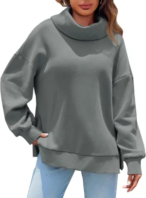 Fisoew Womens Turtleneck Oversized Sweatshirts Casual Long Sleeve Side Zip Warm Pullover Tops