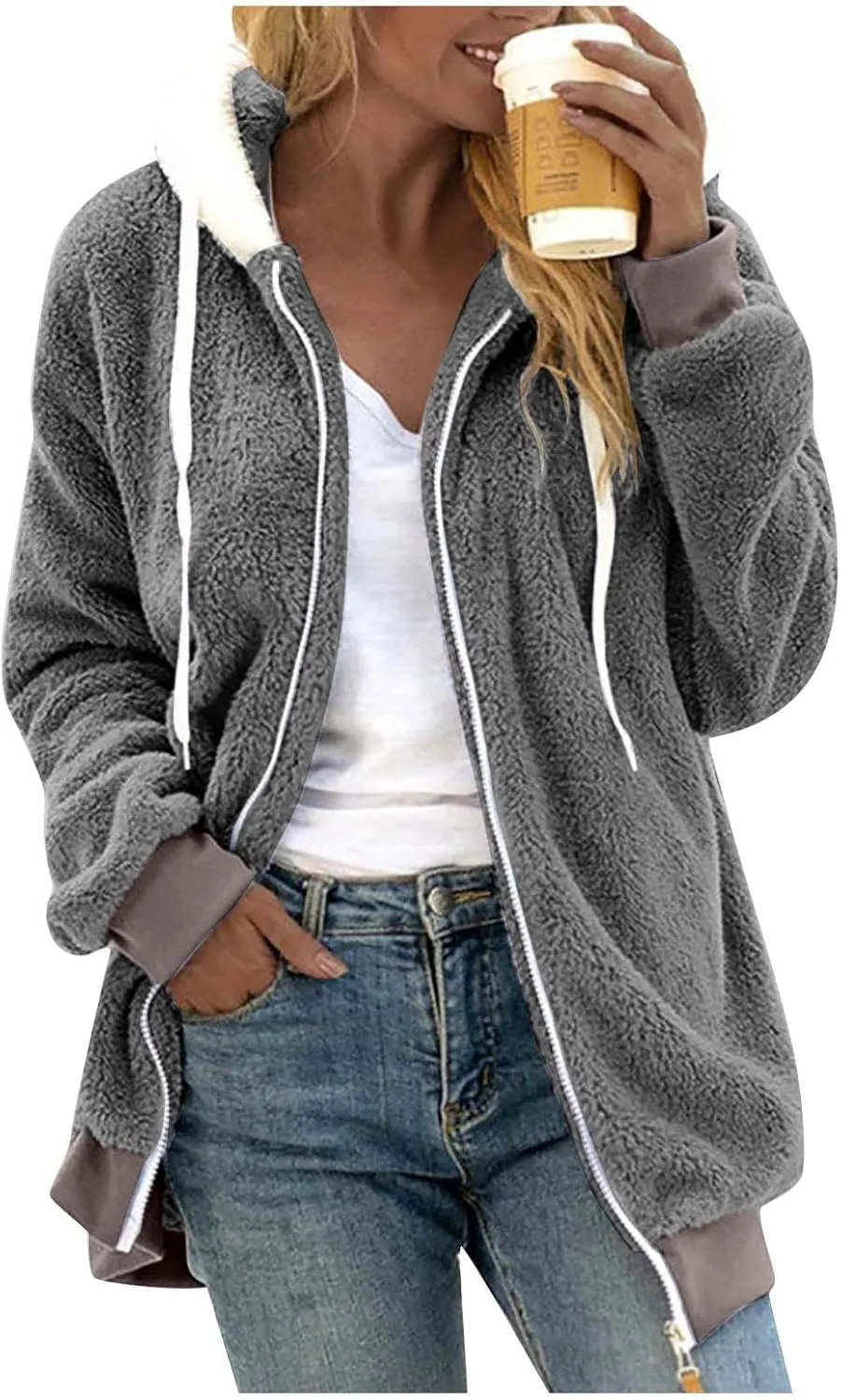 Fleece Jacket Sherpa Jackets for Women 2023 Fall Winter Fuzzy Fleece Jacket Casual Loose Hooded Coats Outerwear