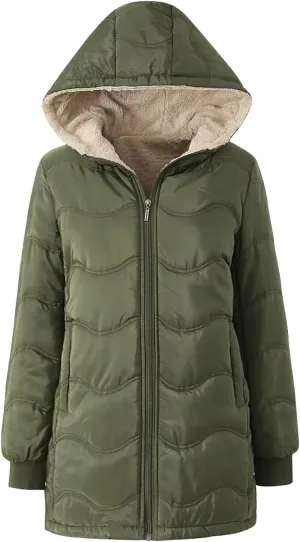 Fleece Lined Puffer Jackets for Women Mid-Length Quilted Hooded Down Coats Sherpa Lined Winter Warm Snow Jackets