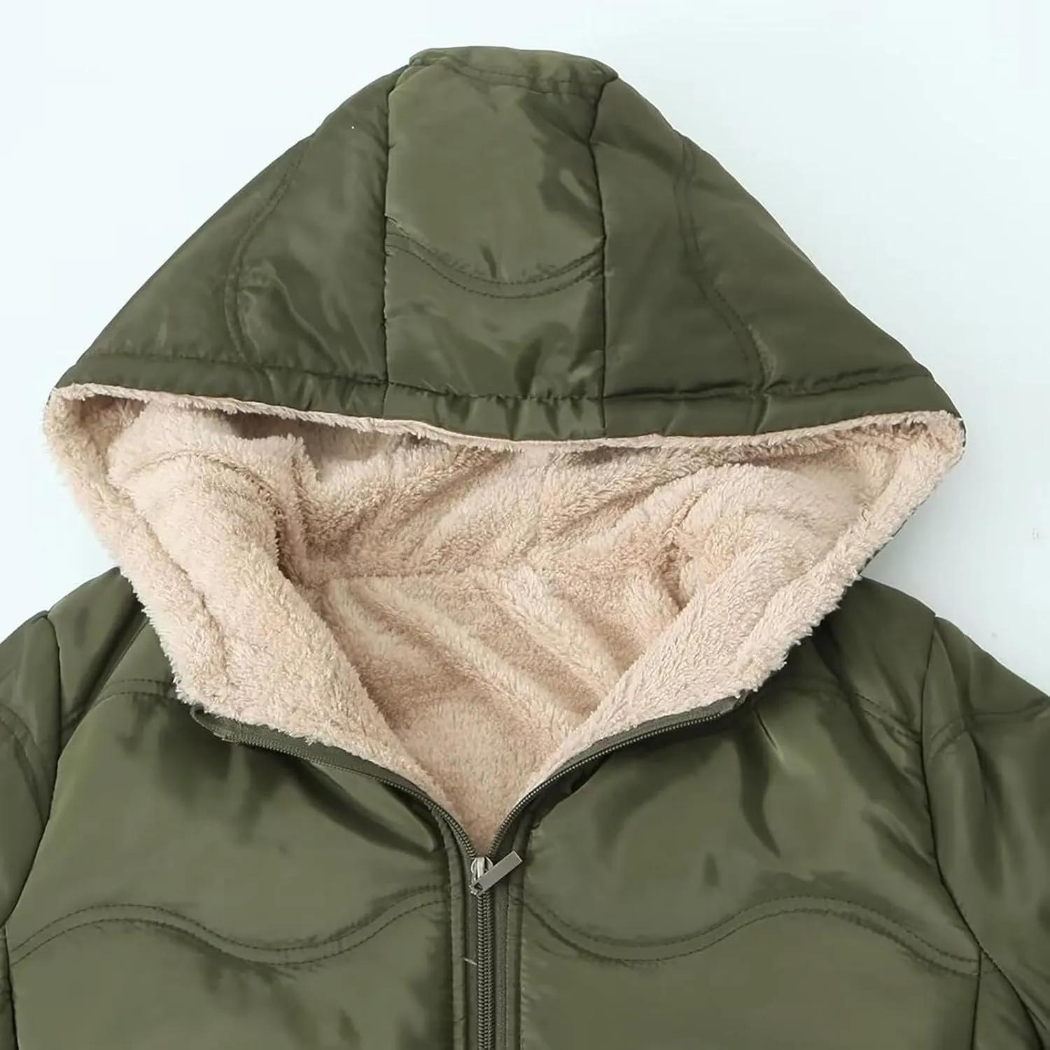 Fleece Lined Puffer Jackets for Women Mid-Length Quilted Hooded Down Coats Sherpa Lined Winter Warm Snow Jackets