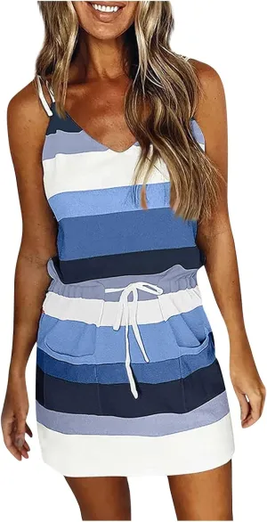 FlekmanArt Womens Dresses Drawstring Sleeveless Beach Dress Pockets V Neck Mini Dresses Printed Lightweight Tank Dresses