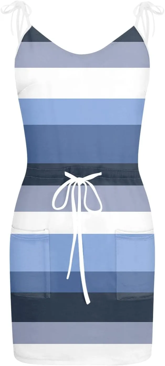 FlekmanArt Womens Dresses Drawstring Sleeveless Beach Dress Pockets V Neck Mini Dresses Printed Lightweight Tank Dresses