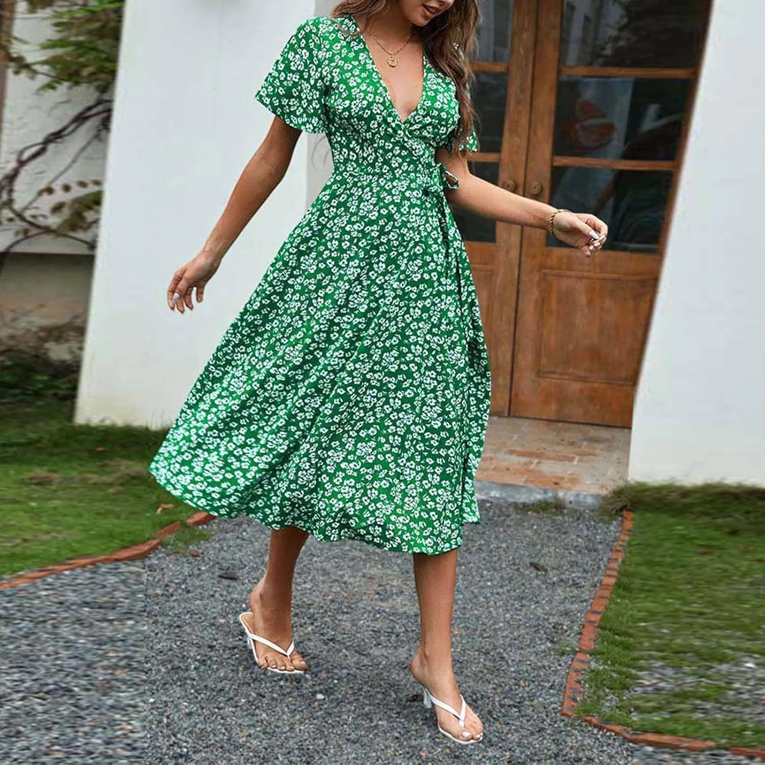 Formal Dresses for Women,Summer Floral Short Sleeve Wrap Waist V Neck Long Dress Wedding Guest Cocktail Dresses