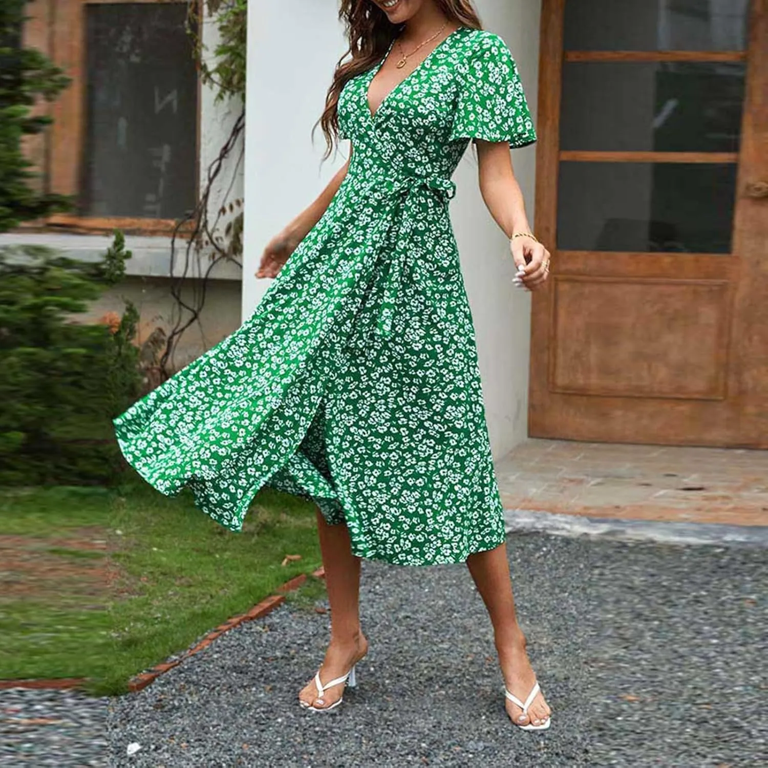 Formal Dresses for Women,Summer Floral Short Sleeve Wrap Waist V Neck Long Dress Wedding Guest Cocktail Dresses