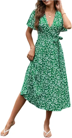 Formal Dresses for Women,Summer Floral Short Sleeve Wrap Waist V Neck Long Dress Wedding Guest Cocktail Dresses
