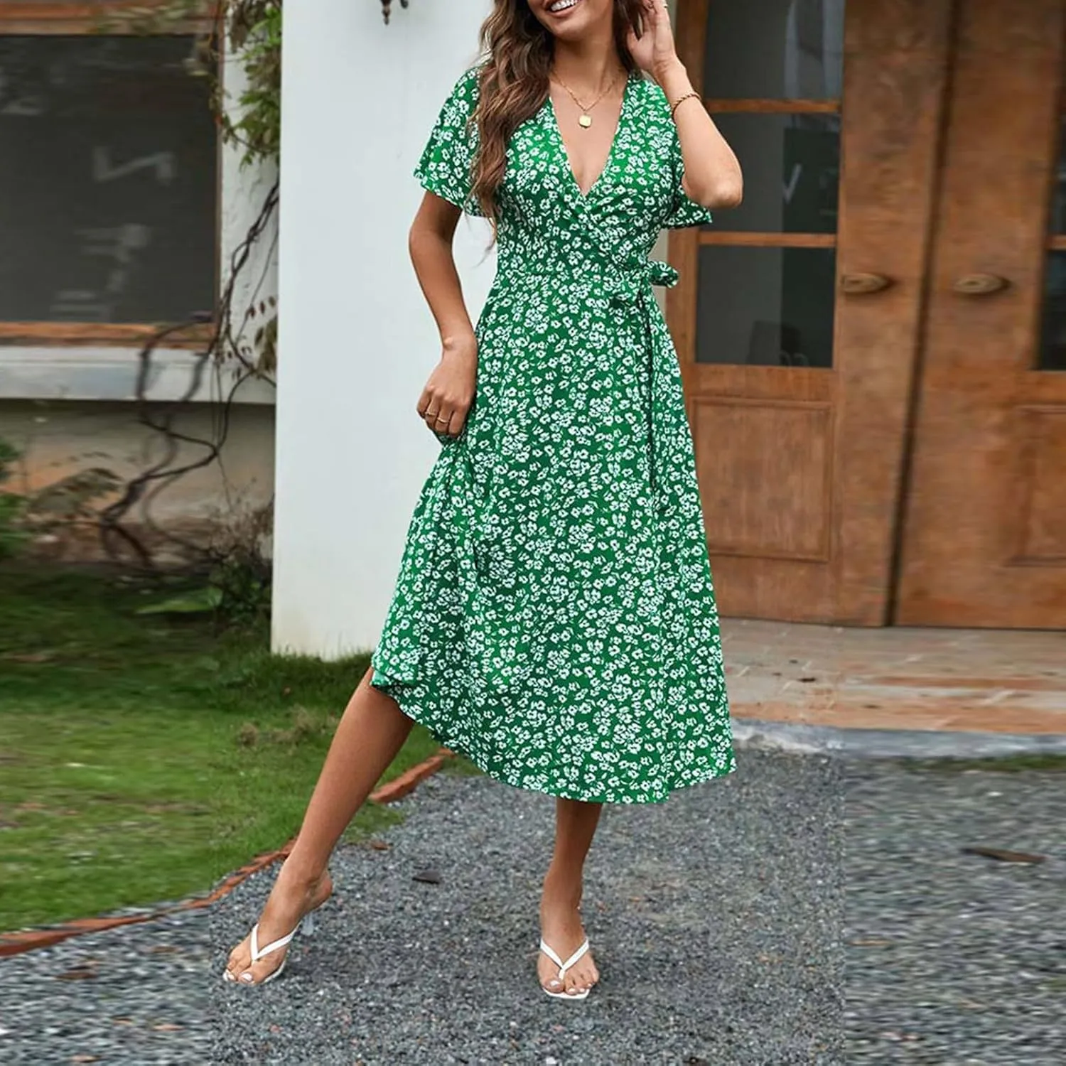 Formal Dresses for Women,Summer Floral Short Sleeve Wrap Waist V Neck Long Dress Wedding Guest Cocktail Dresses