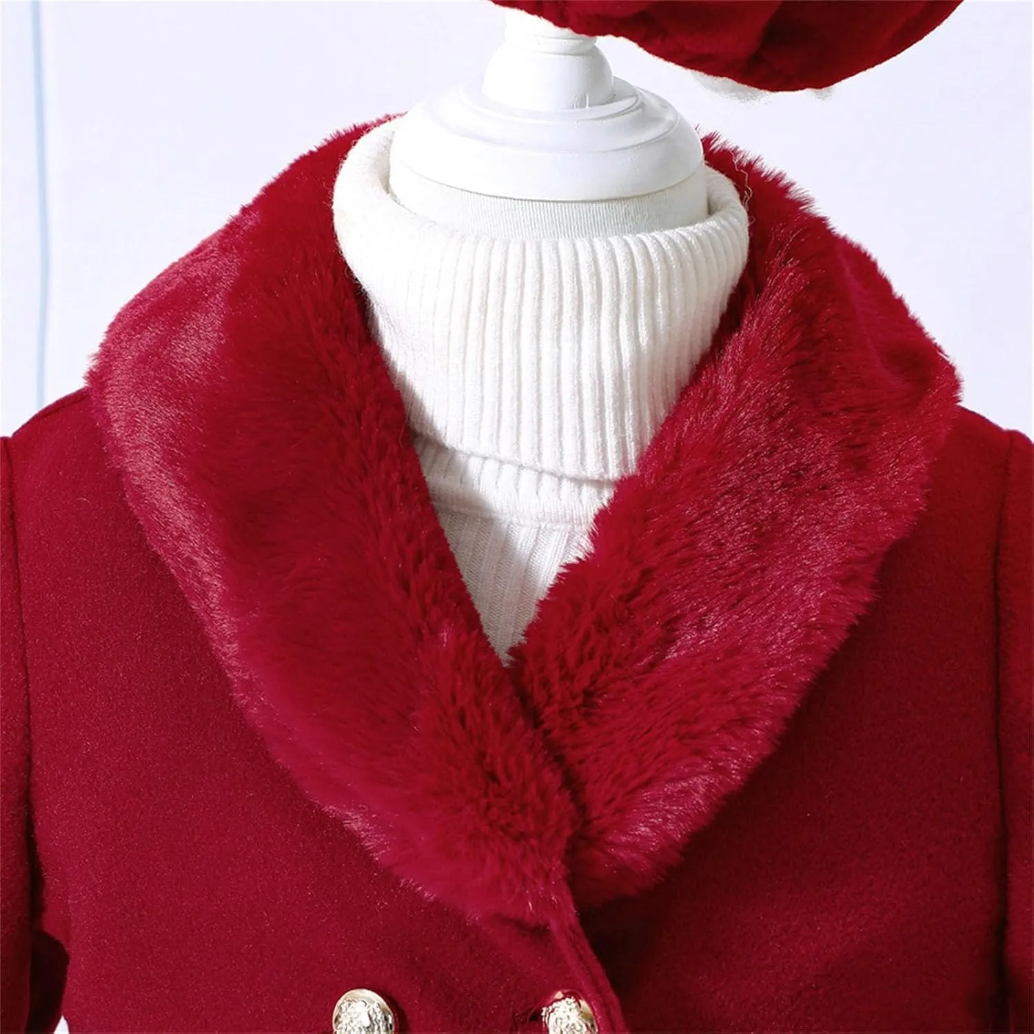 Girls Trench Coats Long Sleeve Furry Collar Warm Peacoat with Beret Hat Set for Casual Wear Toddler