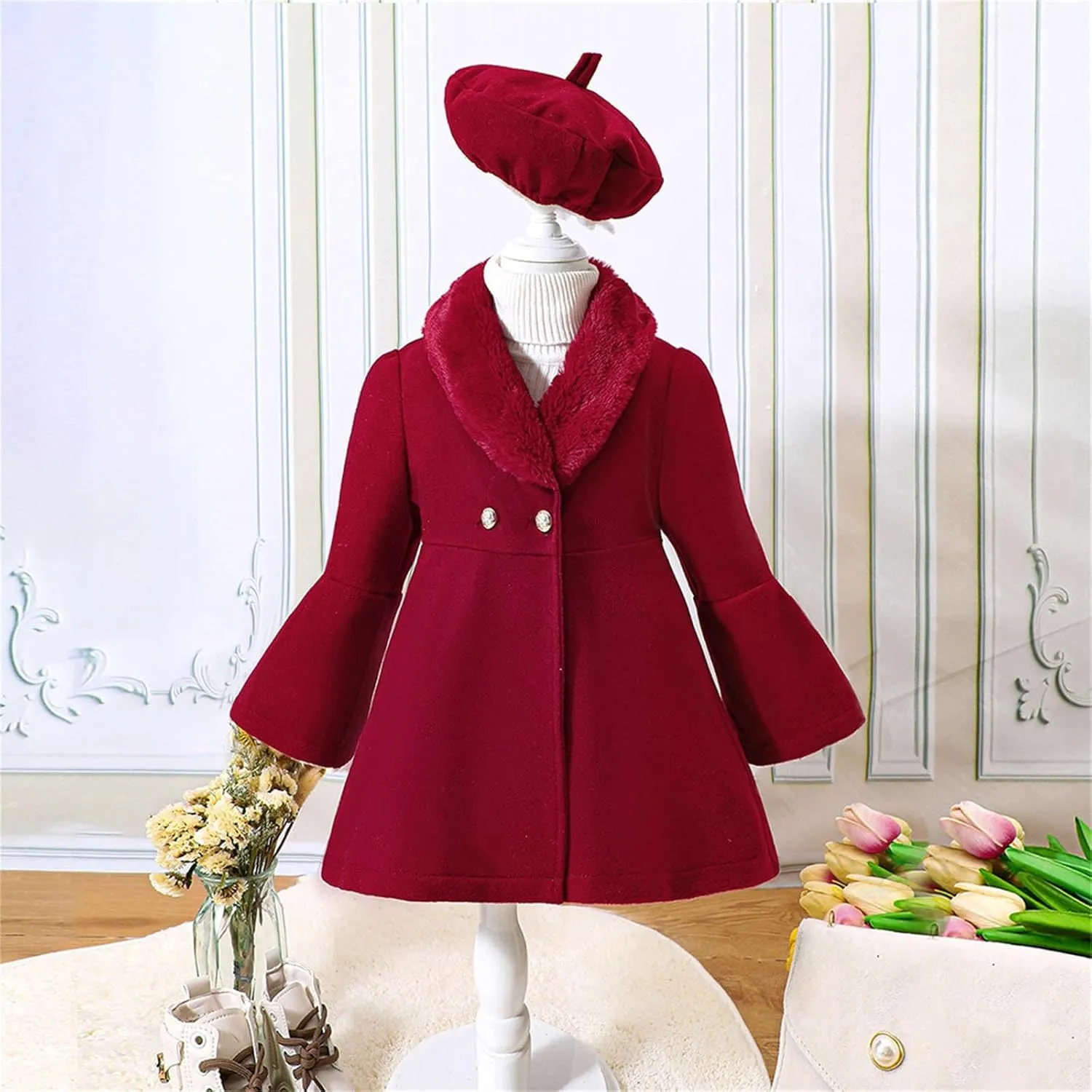 Girls Trench Coats Long Sleeve Furry Collar Warm Peacoat with Beret Hat Set for Casual Wear Toddler