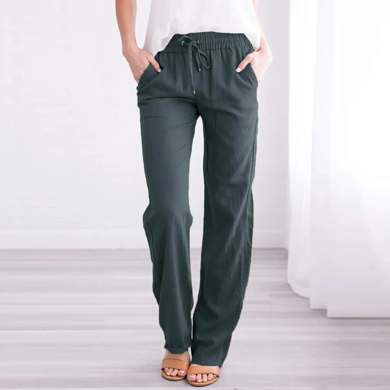 GOKKILRW Womens Cotton Linen Pants Casual Straight Leg Drawstring Elastic High Waist Loose Fit Comfy Long Pants with Pockets