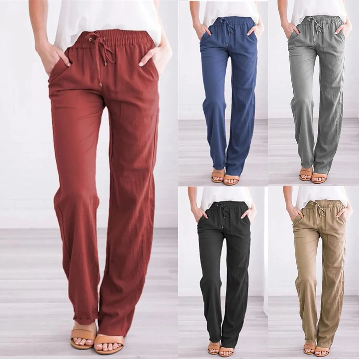 GOKKILRW Womens Cotton Linen Pants Casual Straight Leg Drawstring Elastic High Waist Loose Fit Comfy Long Pants with Pockets
