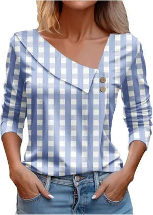 Gold Shirts for Women 3/4 Sleeve Womens Tshirts Cotton Loose Fit Fashion Print V Neck Lapel Woman Shirts Trendy