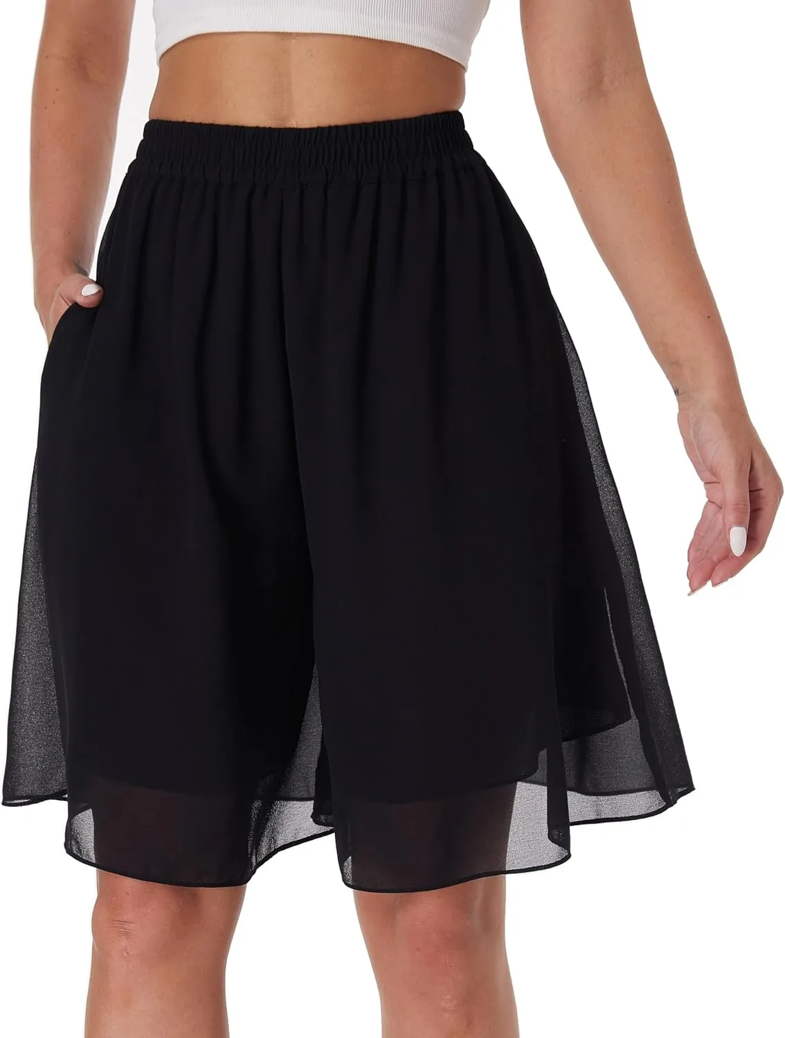 heipeiwa Women's Chiffon Bermuda Shorts Double Layered Summer Work Beach Wide Leg Culottes Dress Casual Shorts