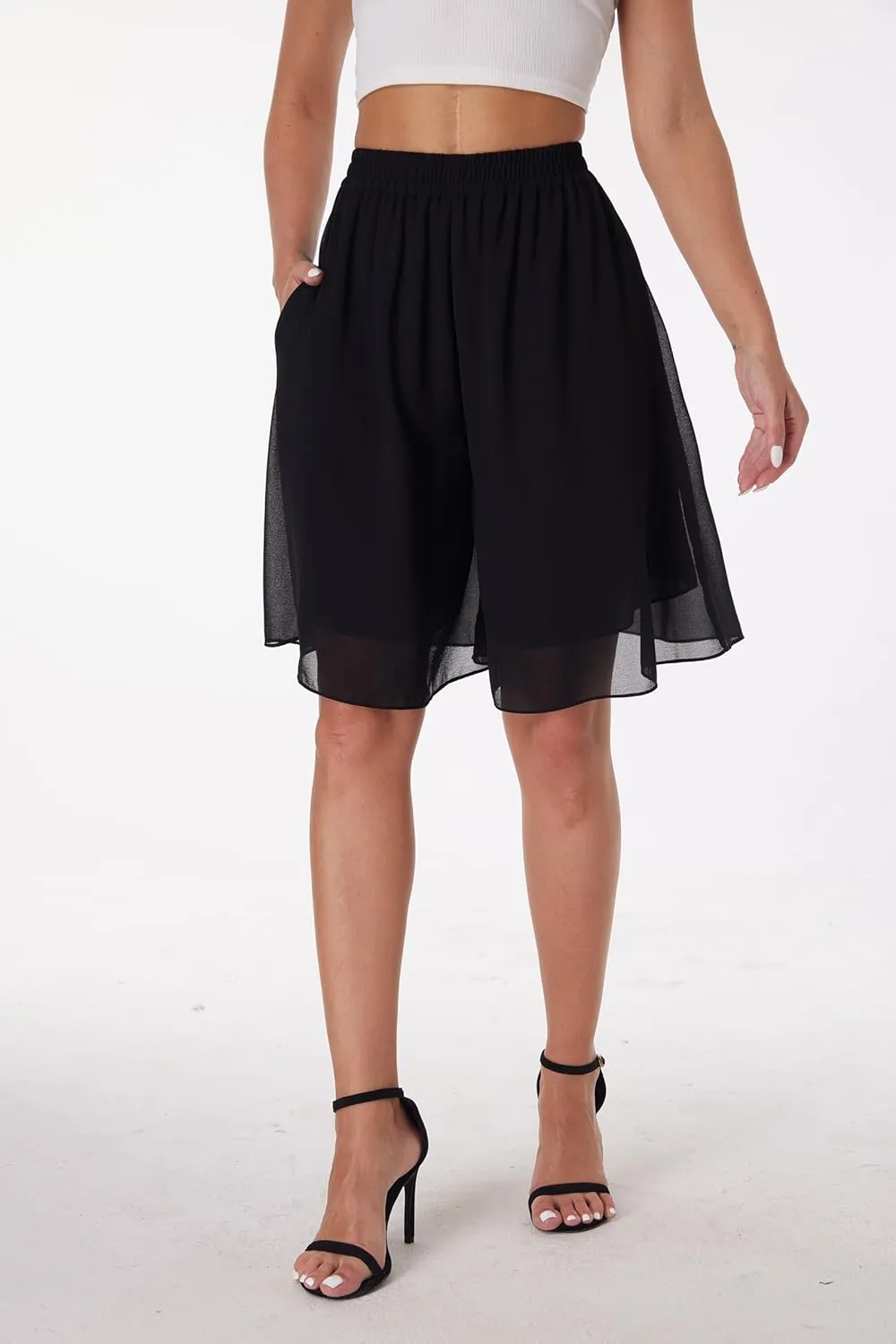 heipeiwa Women's Chiffon Bermuda Shorts Double Layered Summer Work Beach Wide Leg Culottes Dress Casual Shorts