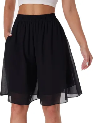 heipeiwa Women's Chiffon Bermuda Shorts Double Layered Summer Work Beach Wide Leg Culottes Dress Casual Shorts