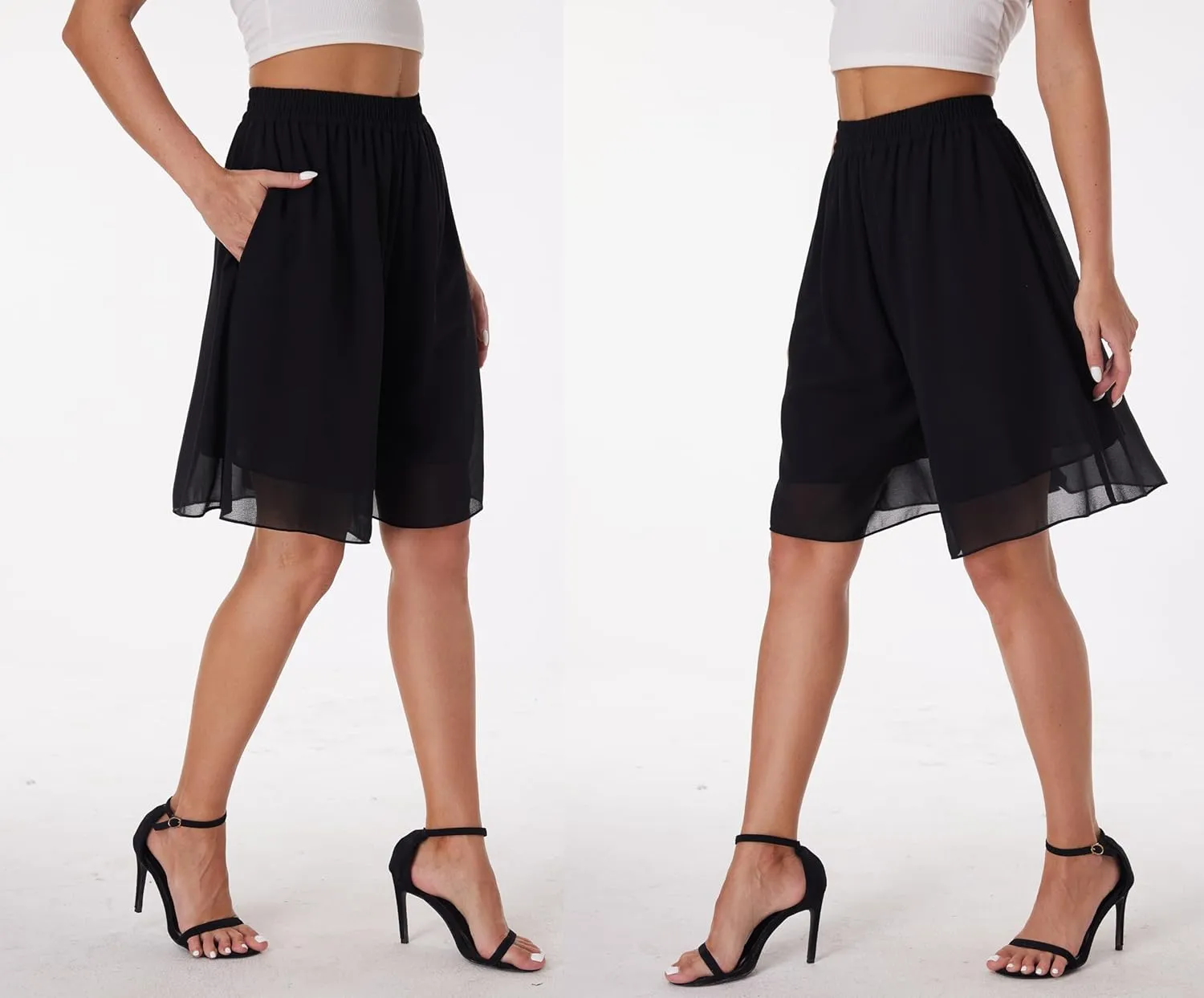 heipeiwa Women's Chiffon Bermuda Shorts Double Layered Summer Work Beach Wide Leg Culottes Dress Casual Shorts