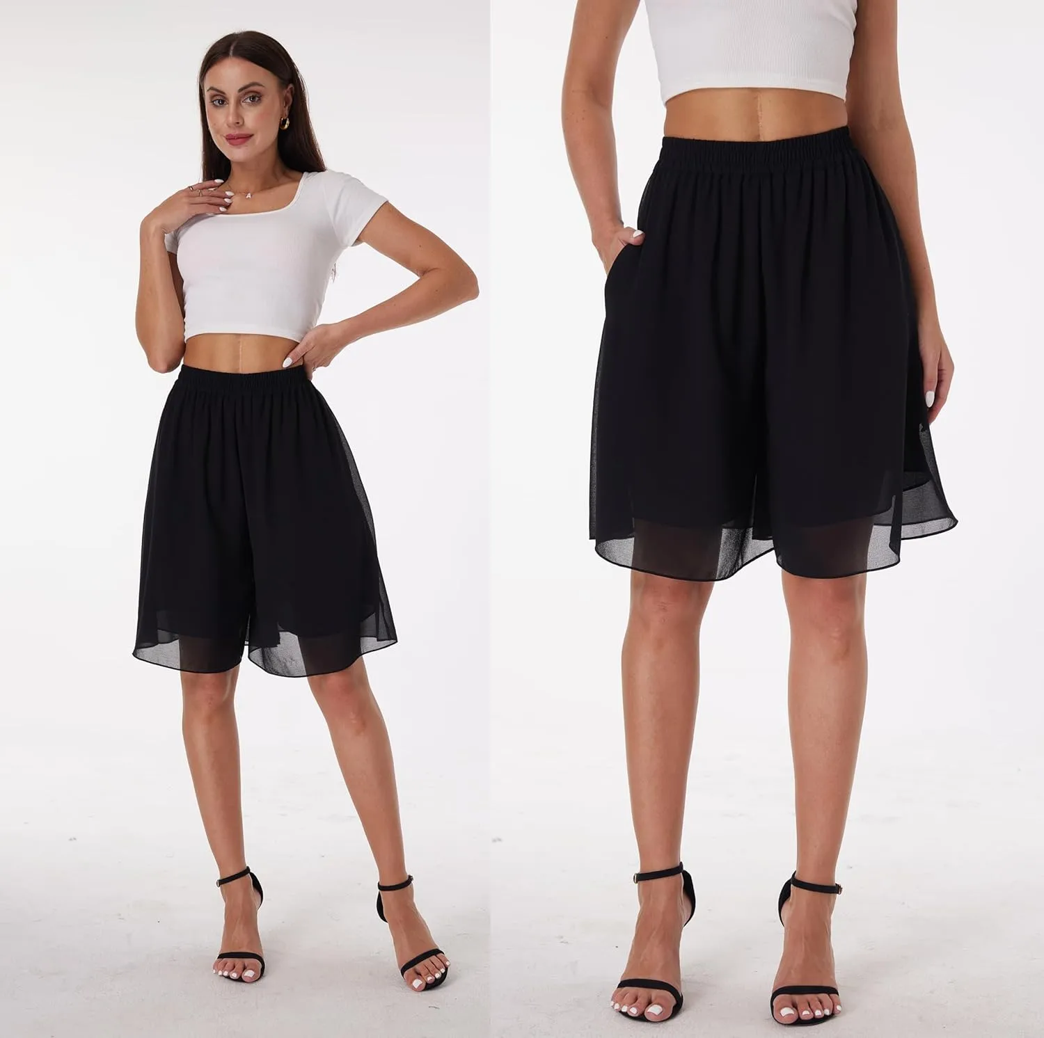 heipeiwa Women's Chiffon Bermuda Shorts Double Layered Summer Work Beach Wide Leg Culottes Dress Casual Shorts